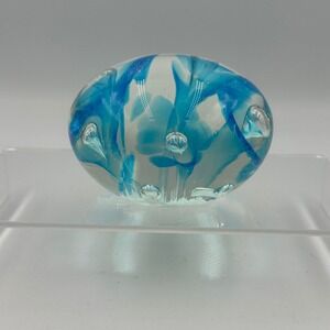 Joe Rice Signed Art Glass Paperweight BlueTeal Floral Controlled Bubble MCM READ